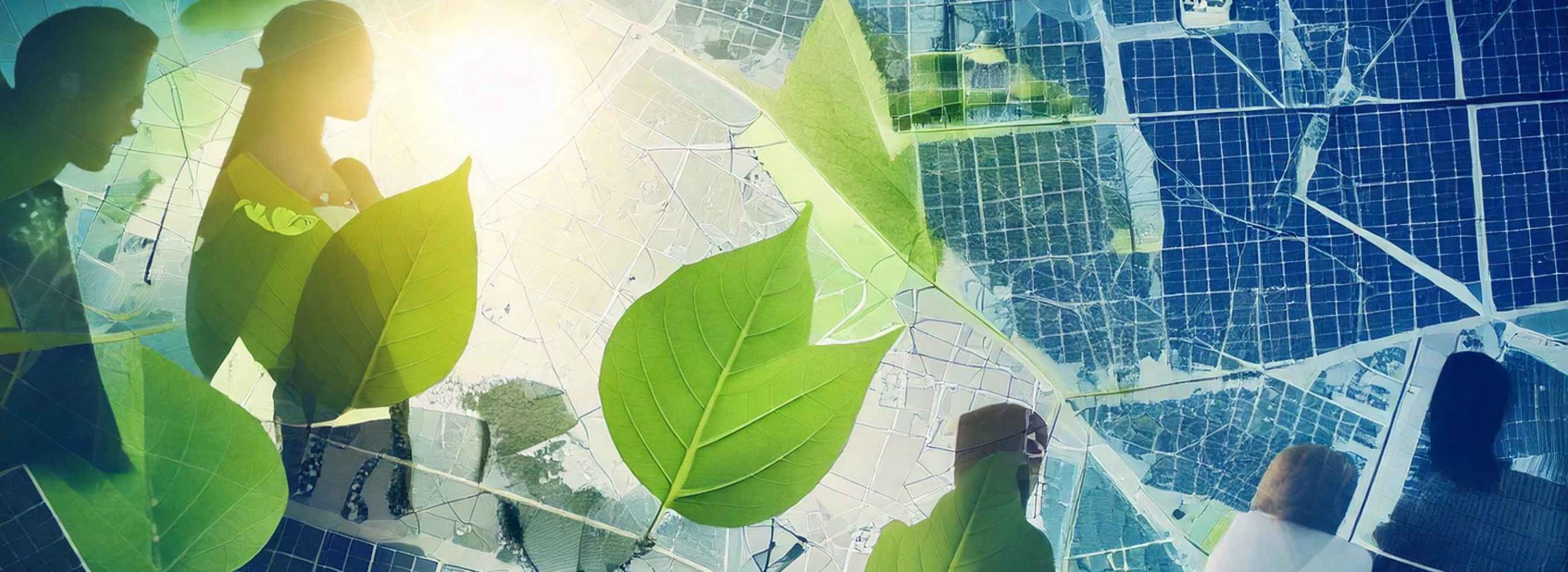 A composite image of green leaves, silhouettes of people, and solar panel grids under sunlight, representing sustainable solutions and climate action